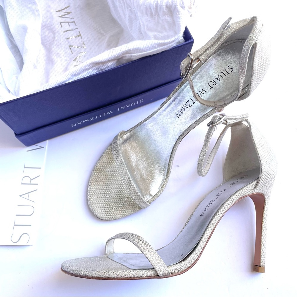 $495 Stuart Weitzman‎ Gray Silver glitter Nudistcurve Ankle Sandal heels size 7